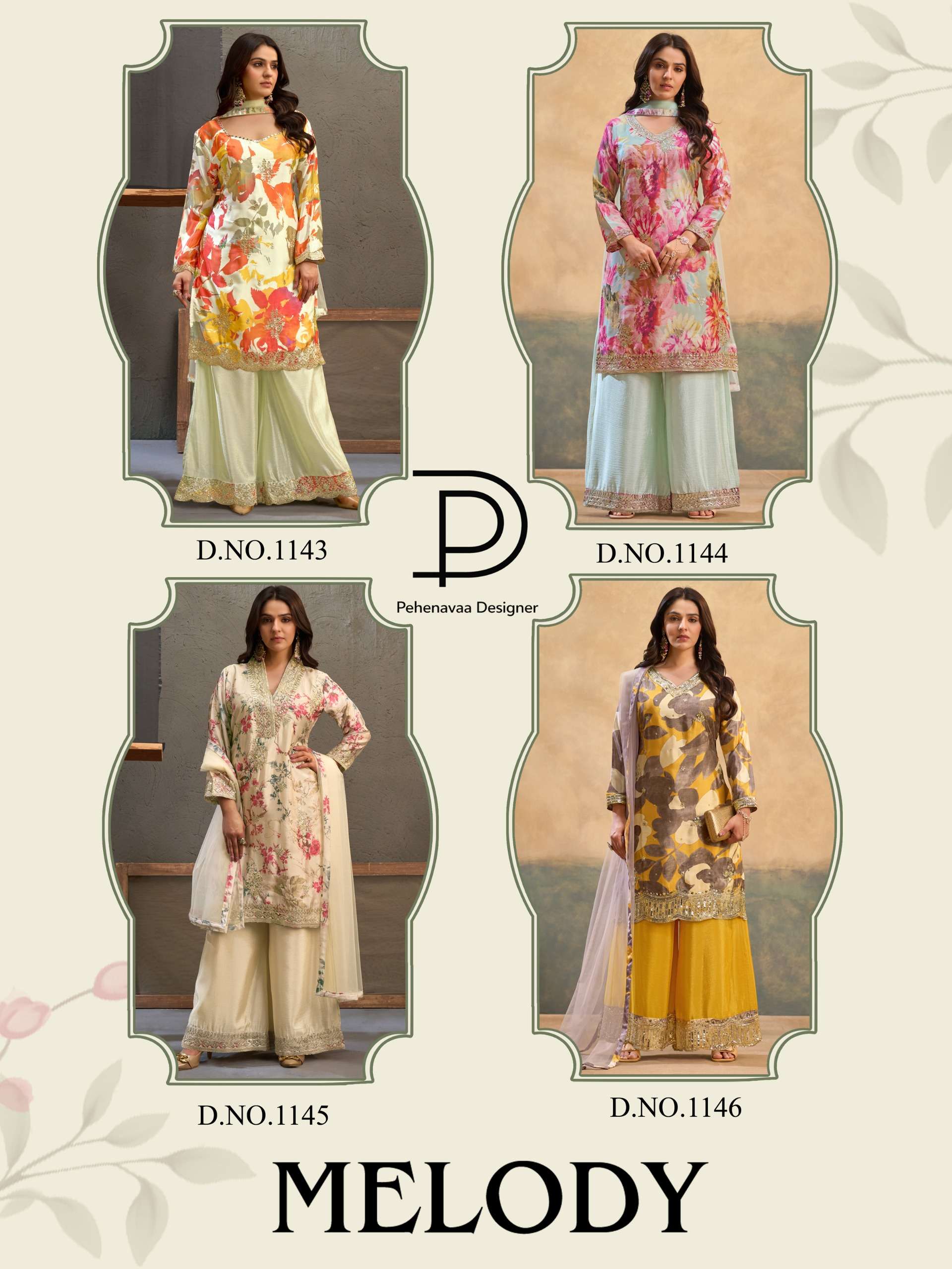 MELODY 1143 TO 1146 CHINON EMBROIDERY WORK PALAZZO TYPE SUIT THIS FESTIVAL TREND ONLINE